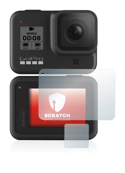 Image of the device GoPro Hero 8 Black with a wide variety of screen protectors.
