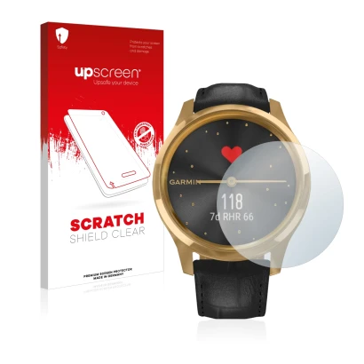 Front side of a product packaging with the brand logo upscreen. Next to it is the device Garmin vivomove Luxe (42 mm) shown wi