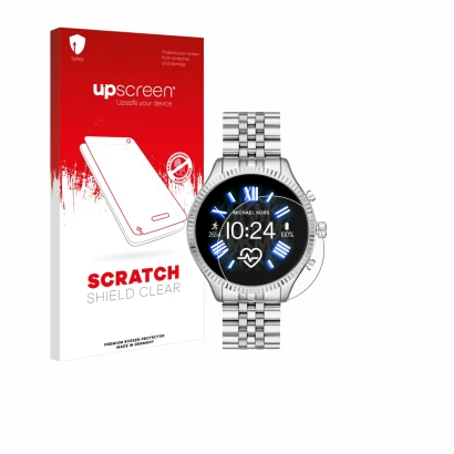 Front side of a product packaging with the brand logo upscreen. Next to it is the device Michael Kors Access Lexington 2 shown