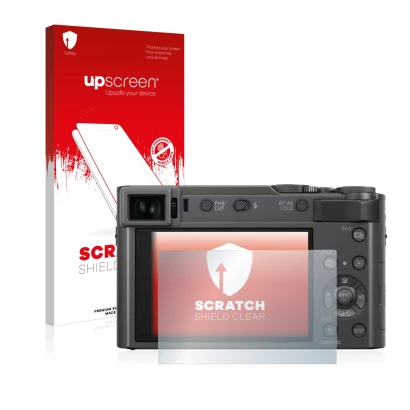 Front side of a product packaging with the brand logo upscreen. Next to it is the device Panasonic Lumix DC-TZ200 shown with t