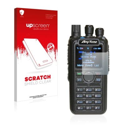 Front side of a product packaging with the brand logo upscreen. Next to it is the device AnyTone AT-D878UV shown with the corr