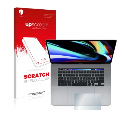 Front side of a product packaging with the brand logo upscreen. Next to it is the device Apple MacBook Pro 16" 2019 (Touch Tra