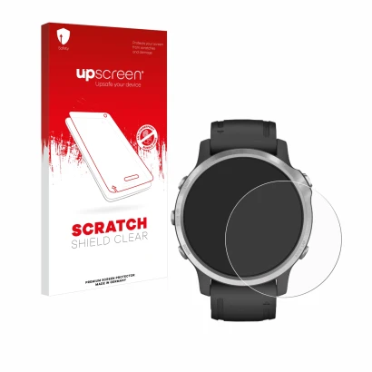 Front side of a product packaging with the brand logo upscreen. Next to it is the device Garmin Fenix 6S shown with the corres