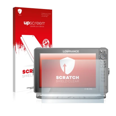 Front side of a product packaging with the brand logo upscreen. Next to it is the device Lowrance HDS Live 12" shown with the 