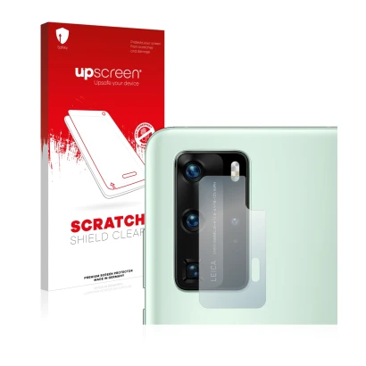 Front side of a product packaging with the brand logo upscreen. Next to it is the device Huawei P40 Pro (ONLY Camera Lens) sho