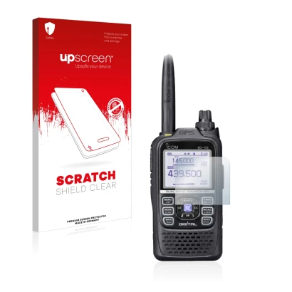 Front side of a product packaging with the brand logo upscreen. Next to it is the device Icom ID-51E Plus 2 shown with the cor