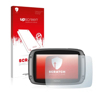 Front side of a product packaging with the brand logo upscreen. Next to it is the device TomTom Rider 50 shown with the corres