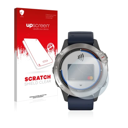 Front side of a product packaging with the brand logo upscreen. Next to it is the device Garmin quatix 6 shown with the corres