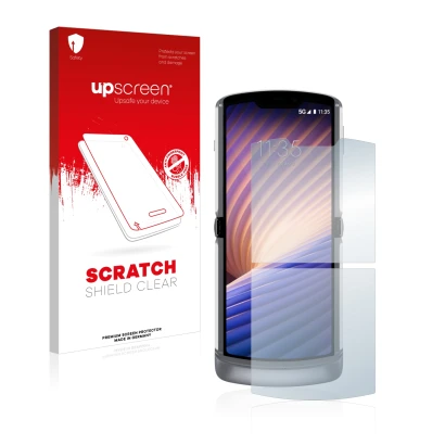 Front side of a product packaging with the brand logo upscreen. Next to it is the device Motorola Razr 5G 2020 shown with the 