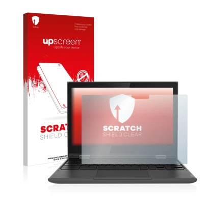 Front side of a product packaging with the brand logo upscreen. Next to it is the device Lenovo 300e (2nd Gen.) shown with the