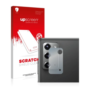 Front side of a product packaging with the brand logo upscreen. Next to it is the device Samsung Galaxy Note 20 5G (ONLY Camer
