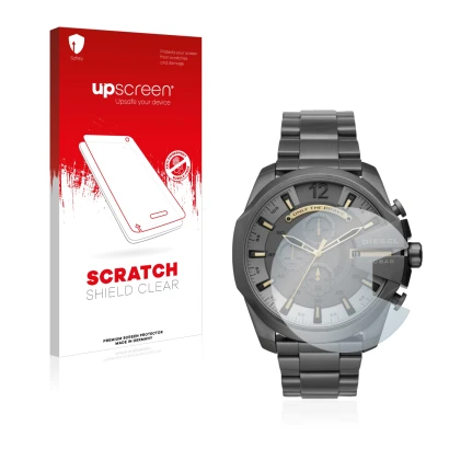 Front side of a product packaging with the brand logo upscreen. Next to it is the device Diesel Chronograph DZ4466 shown with