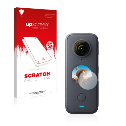 Front side of a product packaging with the brand logo upscreen. Next to it is the device Insta360 One X2 shown with the corres