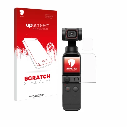 Front side of a product packaging with the brand logo upscreen. Next to it is the device DJI Osmo Pocket 2 (Display + Lens) sh