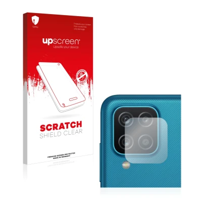 Front side of a product packaging with the brand logo upscreen. Next to it is the device Samsung Galaxy A12 (ONLY Camera Lens)