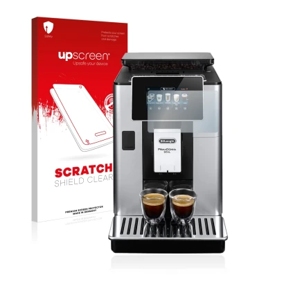 Front side of a product packaging with the brand logo upscreen. Next to it is the device DeLonghi PrimaDonna Soul ECAM610.55.S