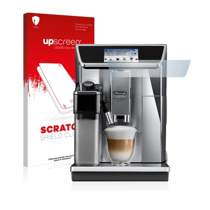 Front side of a product packaging with the brand logo upscreen. Next to it is the device DeLonghi PrimaDonna Elite Experience 