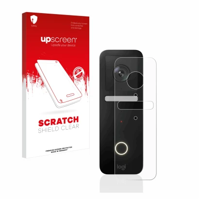Front side of a product packaging with the brand logo upscreen. Next to it is the device Logitech Circle View Doorbell shown w