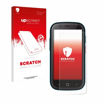 Front side of a product packaging with the brand logo upscreen. Next to it is the device Unihertz Jelly 2 shown with the corre