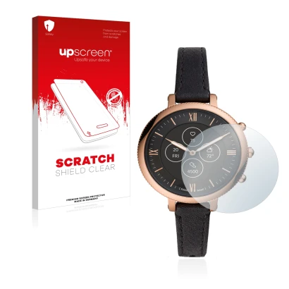 Front side of a product packaging with the brand logo upscreen. Next to it is the device Fossil Monroe Hybrid HR shown with th