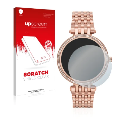 Front side of a product packaging with the brand logo upscreen. Next to it is the device Michael Kors Access Darci Gen 5E show