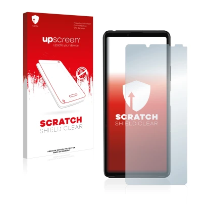 Front side of a product packaging with the brand logo upscreen. Next to it is the device Sony Xperia 10 III shown with the cor