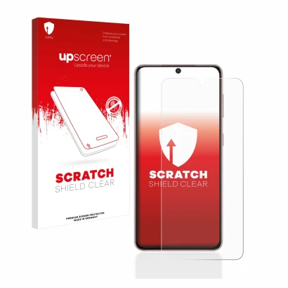 Front side of a product packaging with the brand logo upscreen. Next to it is the device Samsung Galaxy S21 shown with the cor
