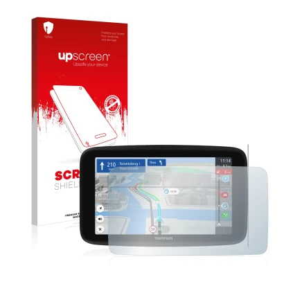 Front side of a product packaging with the brand logo upscreen. Next to it is the device TomTom GO Discover 6" shown with the 