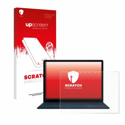 Front side of a product packaging with the brand logo upscreen. Next to it is the device Microsoft Surface Laptop 4 13.5