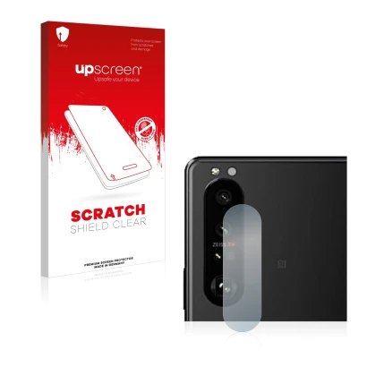 Front side of a product packaging with the brand logo upscreen. Next to it is the device Sony Xperia 5 III (ONLY Camera Lens)