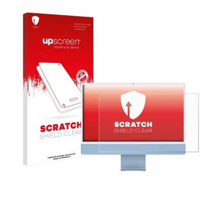 Front side of a product packaging with the brand logo upscreen. Next to it is the device Apple iMac 24" M1 2021 shown with the