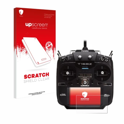 Front side of a product packaging with the brand logo upscreen. Next to it is the device Robbe Futaba T16IZ shown with the cor