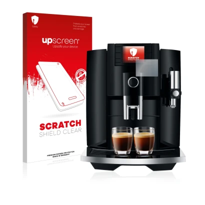 Front side of a product packaging with the brand logo upscreen. Next to it is the device Jura E8 (EB) shown with the correspon