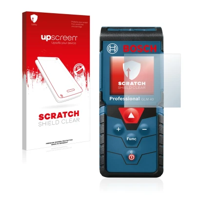 Front side of a product packaging with the brand logo upscreen. Next to it is the device Bosch GLM 40 Professional shown with 