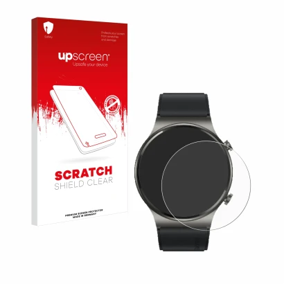 Front side of a product packaging with the brand logo upscreen. Next to it is the device Huawei Watch GT 2 Pro ECG shown with