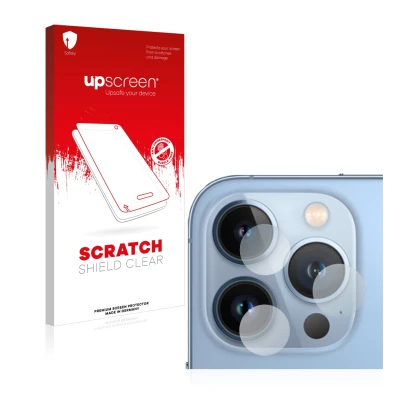Front side of a product packaging with the brand logo upscreen. Next to it is the device Apple iPhone 13 Pro (ONLY Camera Lens