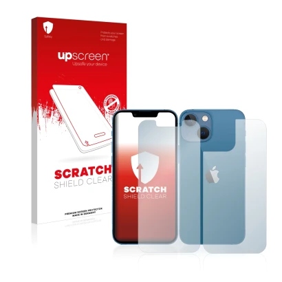 Front side of a product packaging with the brand logo upscreen. Next to it is the device Apple iPhone 13 mini (Front+Back) sho