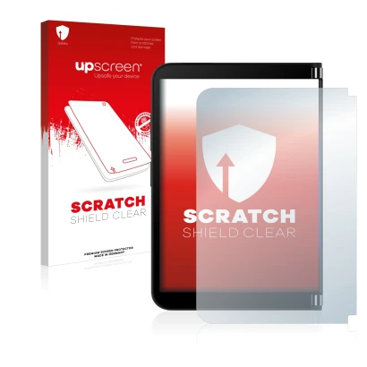 Front side of a product packaging with the brand logo upscreen. Next to it is the device Microsoft Surface Duo 2 (Outer displa