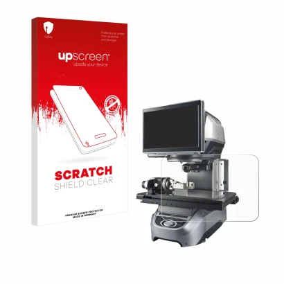 Front side of a product packaging with the brand logo upscreen. Next to it is the device Keyence IM-8030 Glass plate shown wit