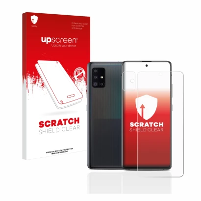 Front side of a product packaging with the brand logo upscreen. Next to it is the device Samsung Galaxy A51 5G (Front+Camera)
