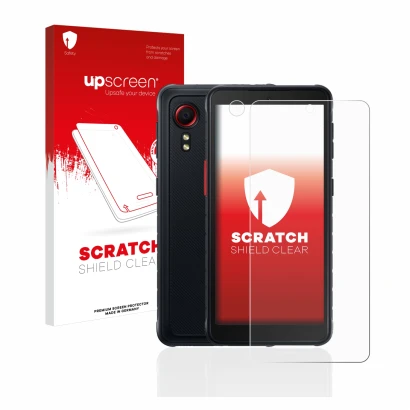 Front side of a product packaging with the brand logo upscreen. Next to it is the device Samsung Galaxy XCover 5 (Front+Camera