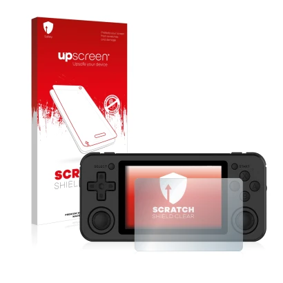 Front side of a product packaging with the brand logo upscreen. Next to it is the device Anbernic RG351P shown with the corres