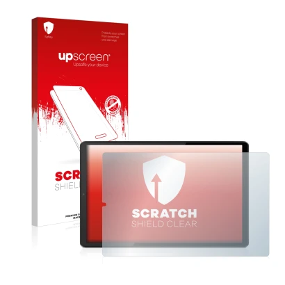 Front side of a product packaging with the brand logo upscreen. Next to it is the device Lenovo Tab K10 shown with the corresp