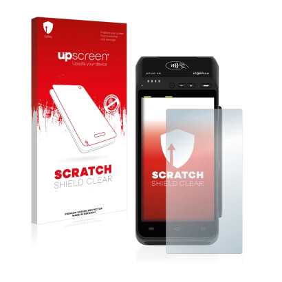 Front side of a product packaging with the brand logo upscreen. Next to it is the device ingenico Apos A8 shown with the corre