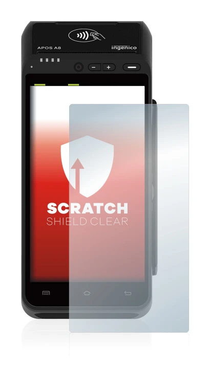 Image of the device ingenico Apos A8 with a wide variety of screen protectors.
