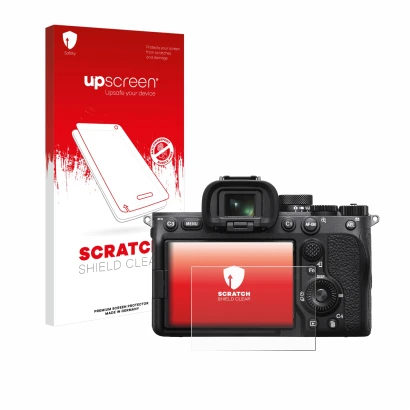 Front side of a product packaging with the brand logo upscreen. Next to it is the device Sony Alpha 7 IV shown with the corres