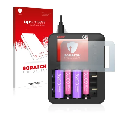 Front side of a product packaging with the brand logo upscreen. Next to it is the device ISDT C4 Evo shown with the correspond