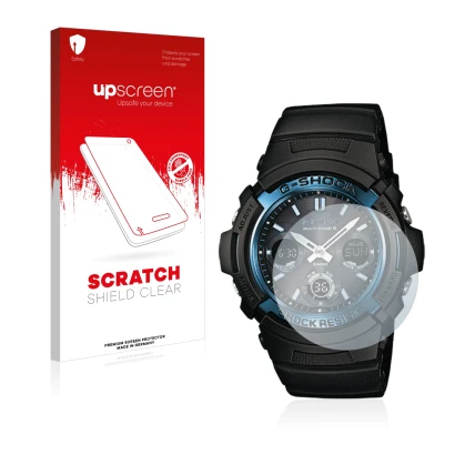 Front side of a product packaging with the brand logo upscreen. Next to it is the device Casio AWG M100 shown with the corresp