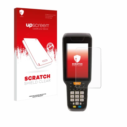 Front side of a product packaging with the brand logo upscreen. Next to it is the device Datalogic Skorpio X5 shown with the c