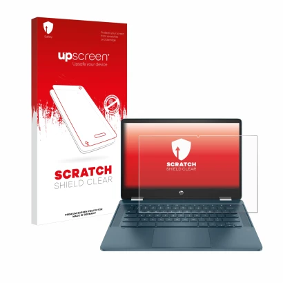 Front side of a product packaging with the brand logo upscreen. Next to it is the device HP Chromebook x360 (14b-cbX) shown wi